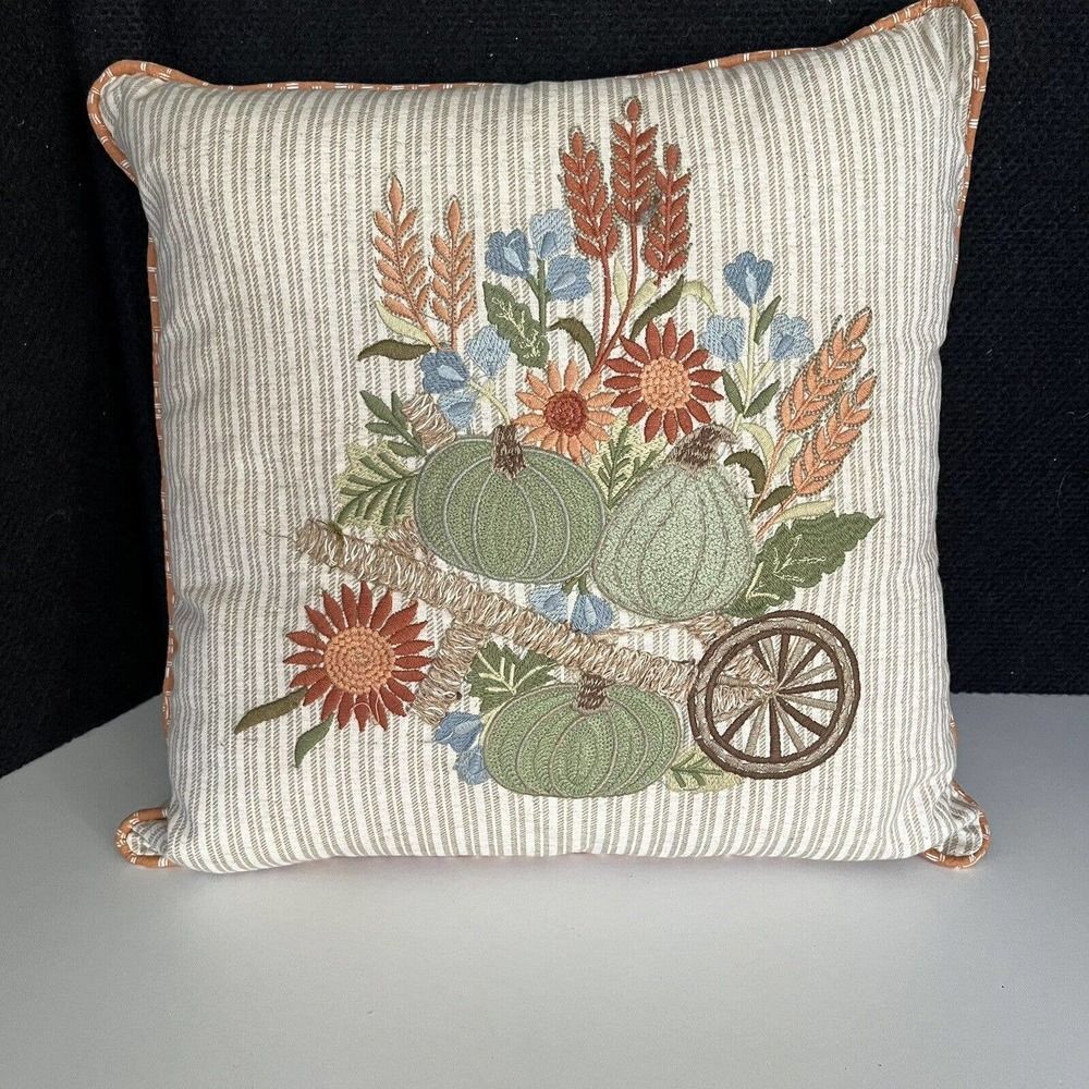 Pier 1 Embroidered Accent Pillow Cover Large Flower Botanical Green white 15.5"